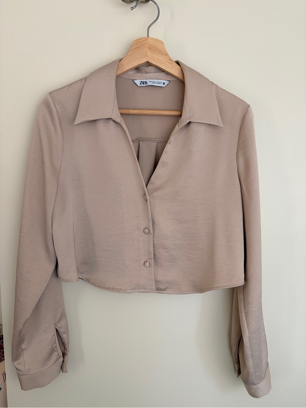 Zara Taupe Cropped Button-Down Shirt